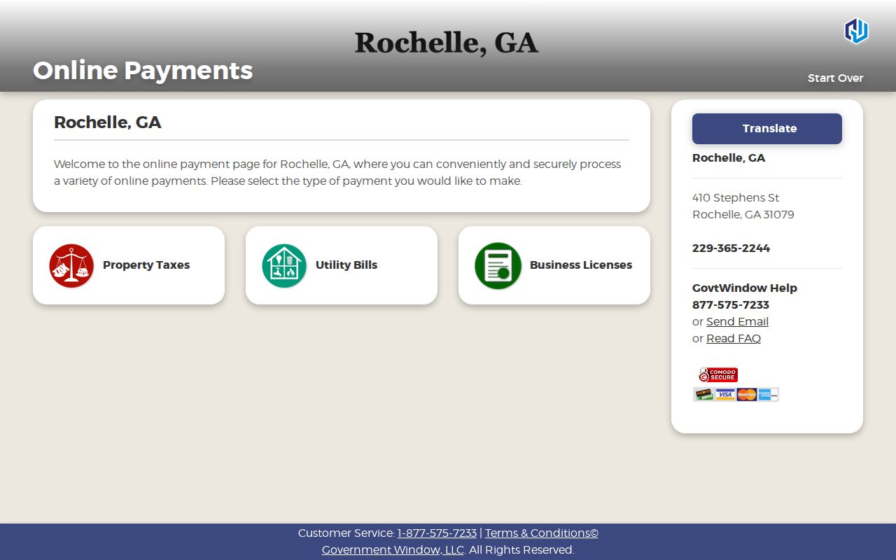 Rochelle warrant records portal showing tax utility and license choices